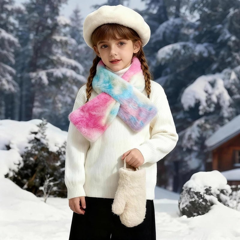 Piewag Kids Toddler Scarf Winter Rainbow Scarf Gradient Cross Tie Collar Fluffy Fur Plush Scarves Neck Warmer for Girls Boys - Image 2